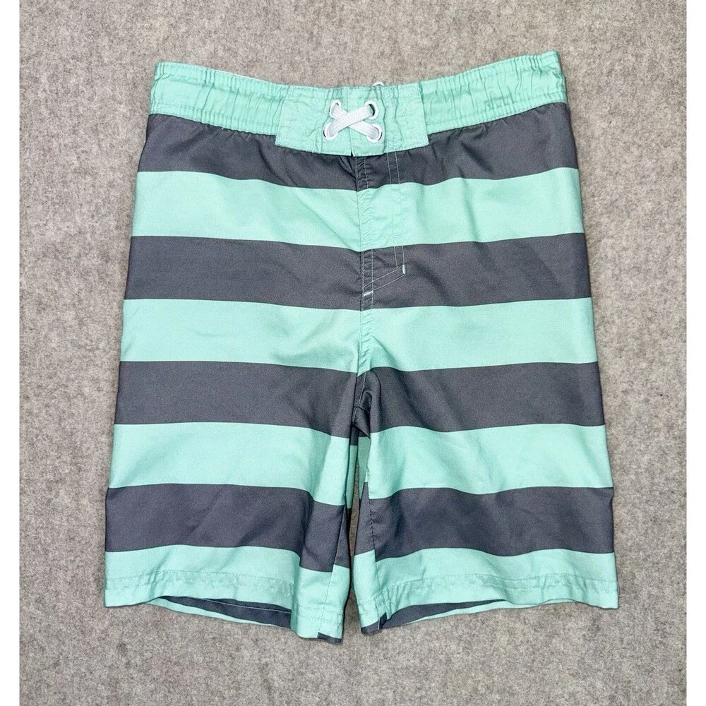 Cat & Jack Boys Small (6/7) Teal Gray Stripe Swim Trunks Lined Drawstring
